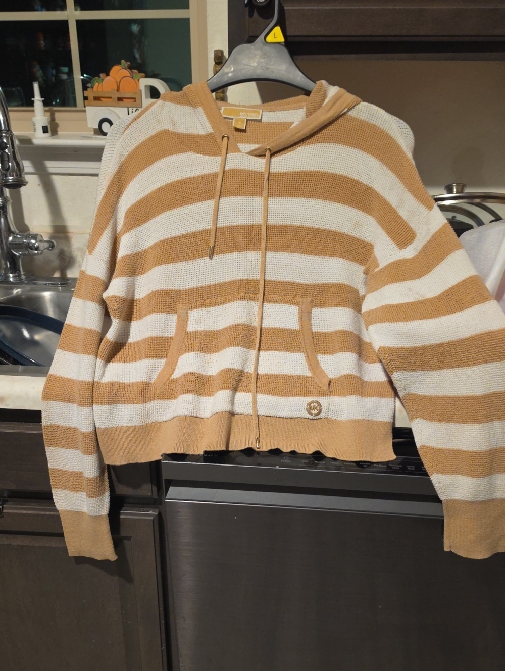 Michael Kors Striped Hooded Knit Pullover - Tan & White Size Med